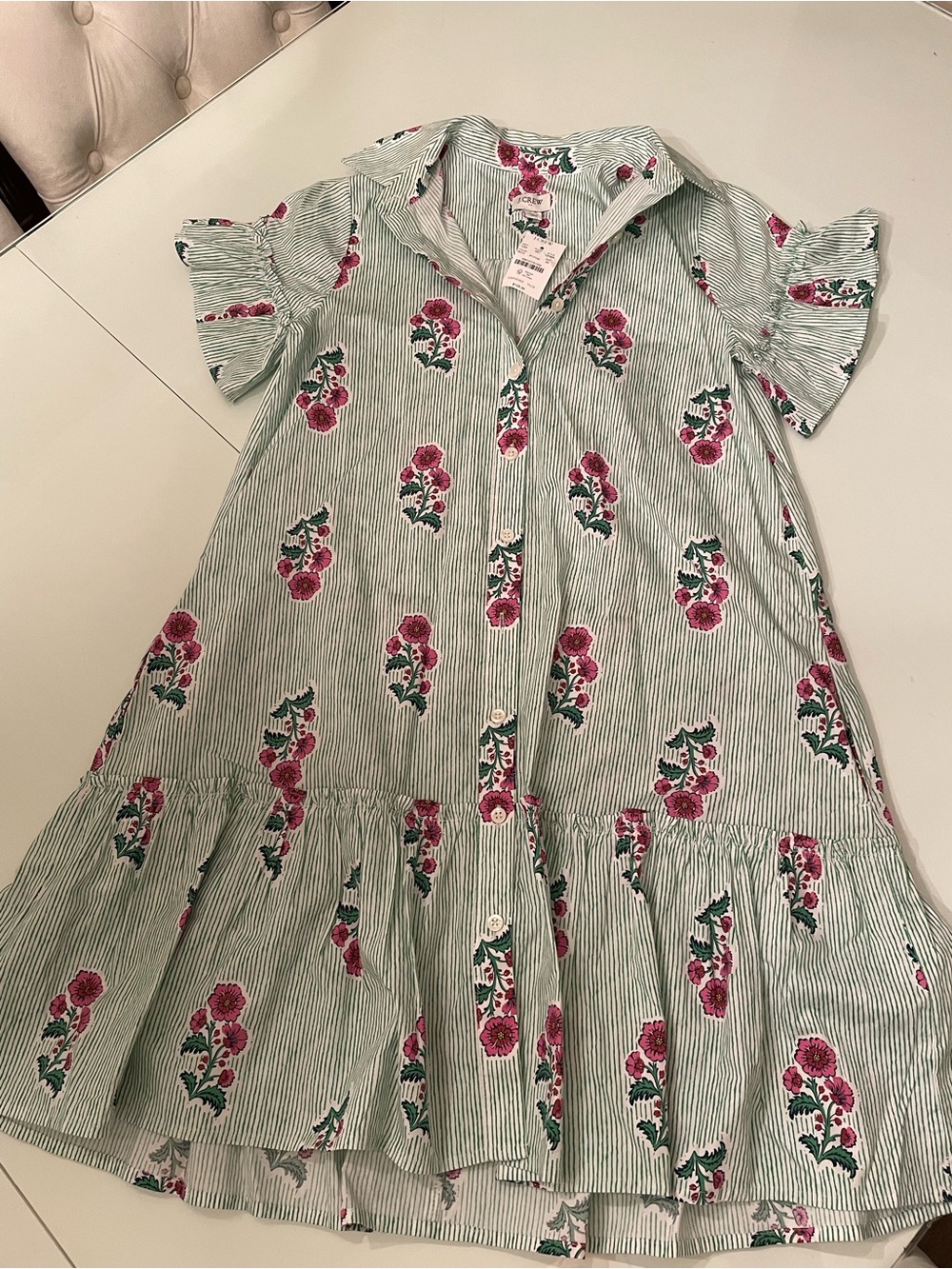 J. Crew Green-Striped Dress with Pink Floral Motif